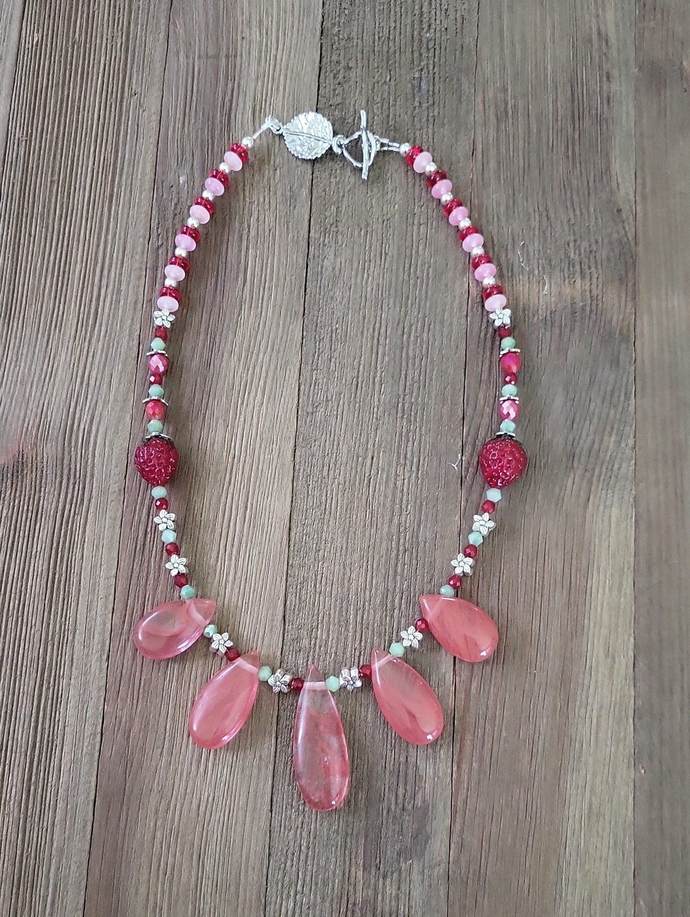 Whimsical Pink Cherry Quartz Teardrop/Strawberry Necklace